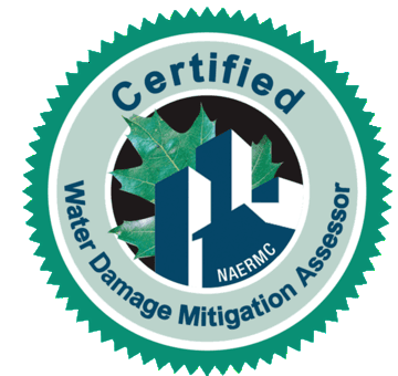 Certified Water Damage Mitigation Assessor NAERMC badge with a green leaf and city buildings Certified Water Damage Mitigation Assessor NAERMC badge with a green leaf and city buildings
