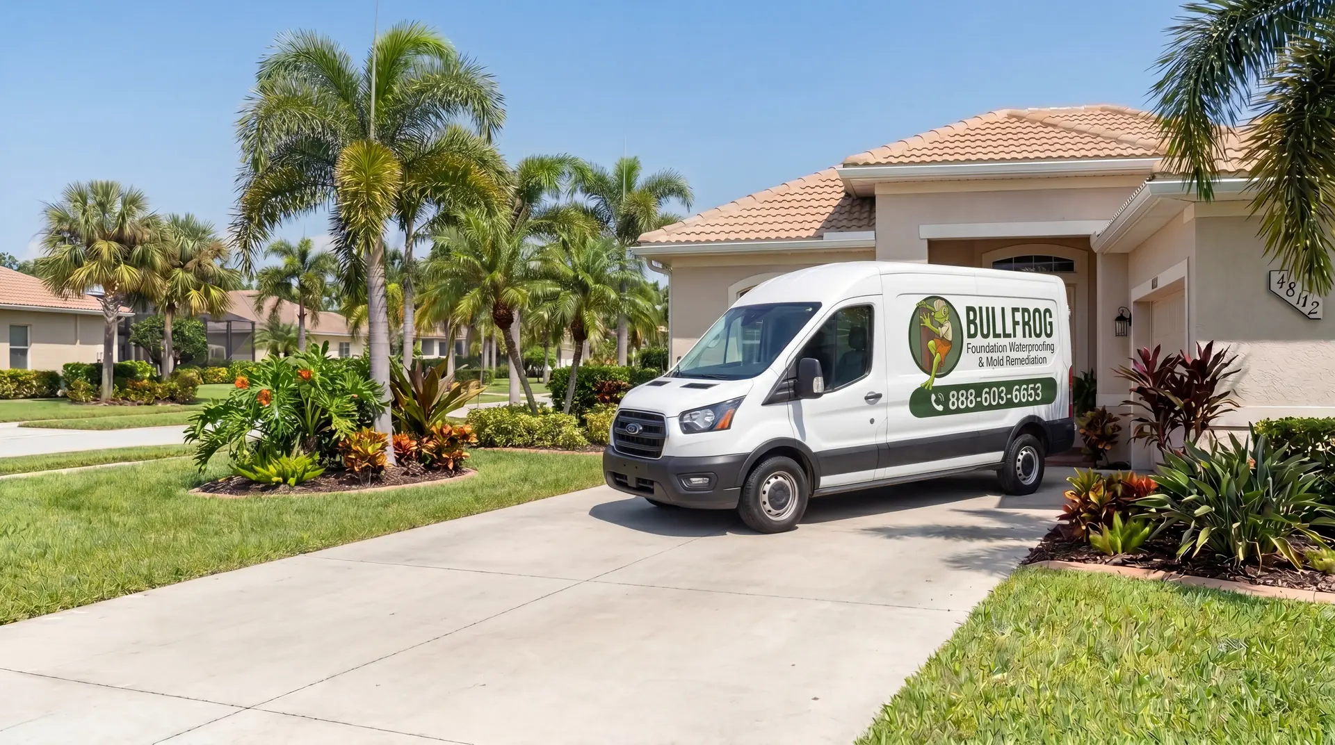 Bullfrog Waterproofing branded company van with logo banner Bullfrog Waterproofing branded company van with logo banner
